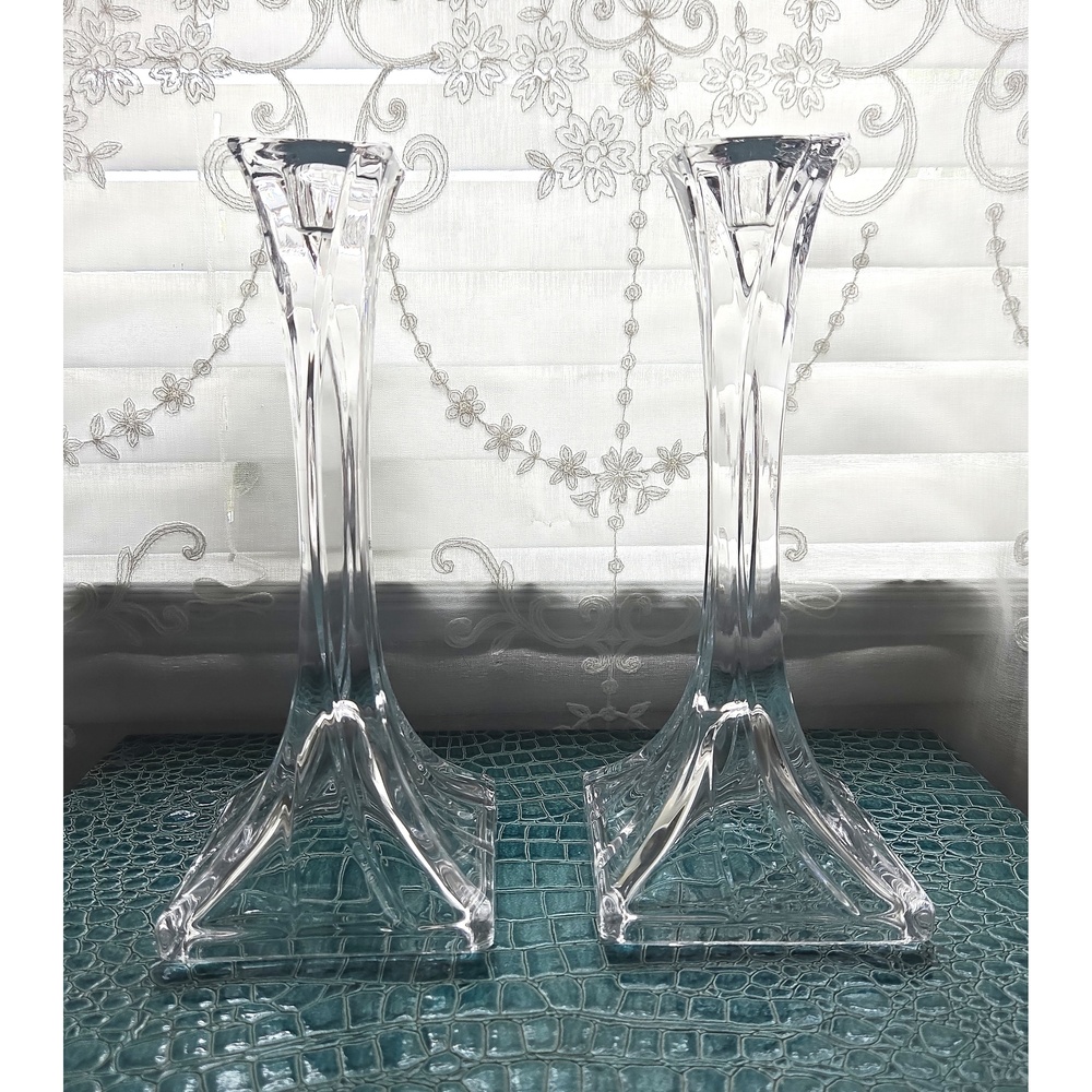 Vintage Clear Lead Crystal Candlestick Holders Pair 10 Inch Tall Square Base
